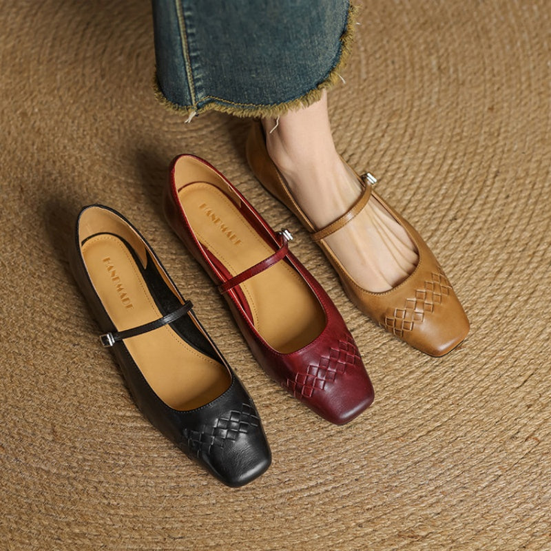 Mabel | Square-Toe Woven-Detail Mary Jane Flats