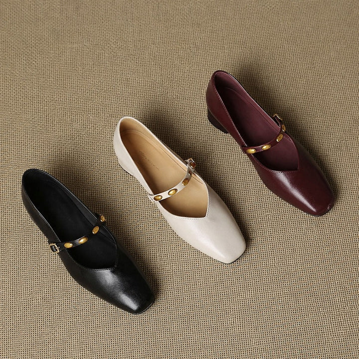 Greta | Gold-Stud Strap Square-Toe Mary Jane Flats