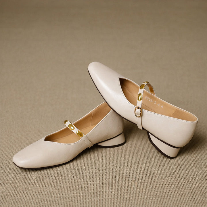 Greta | Gold-Stud Strap Square-Toe Mary Jane Flats