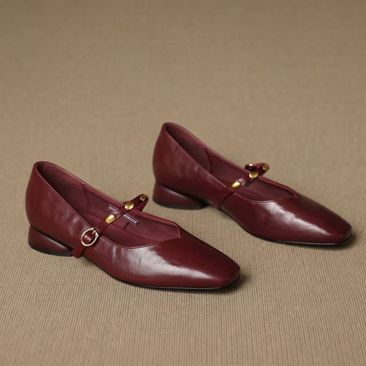 Greta | Gold-Stud Strap Square-Toe Mary Jane Flats