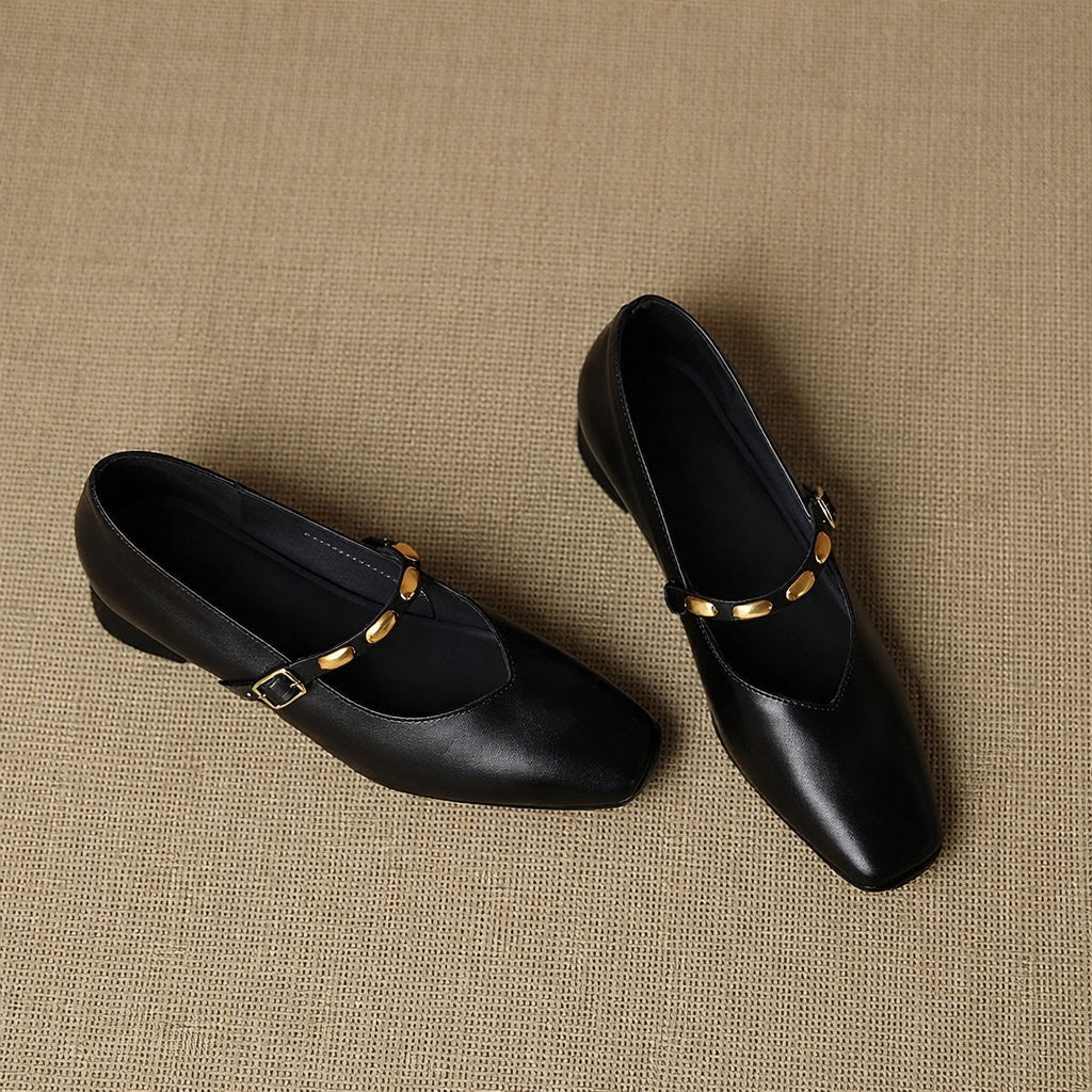 Greta | Gold-Stud Strap Square-Toe Mary Jane Flats