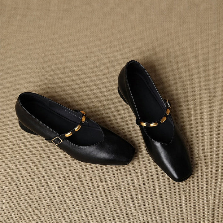 Greta | Gold-Stud Strap Square-Toe Mary Jane Flats