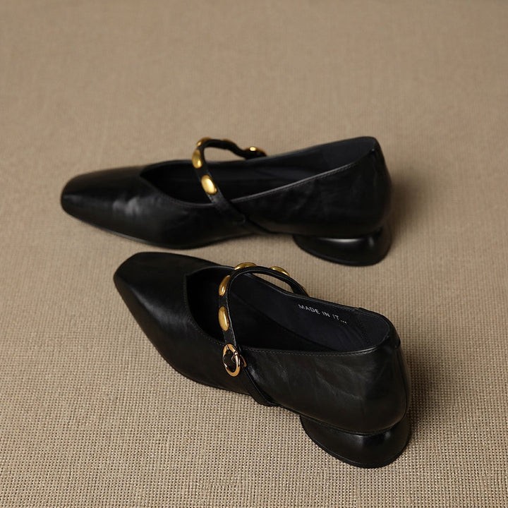 Greta | Gold-Stud Strap Square-Toe Mary Jane Flats