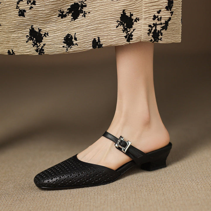 Fenella | Cut-Out Buckle-Strap Block-Heel Mules