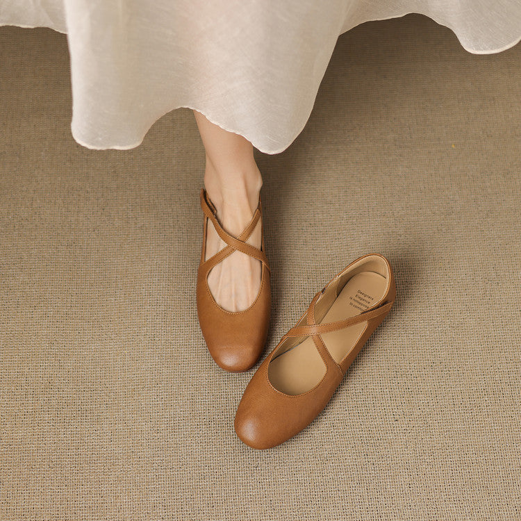 Elsie | Cross-Strap Round-Toe Ballet Flats