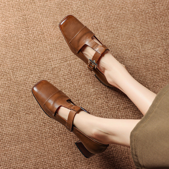 Flora | Square-Toe T-Bar Block-Heel Shoes