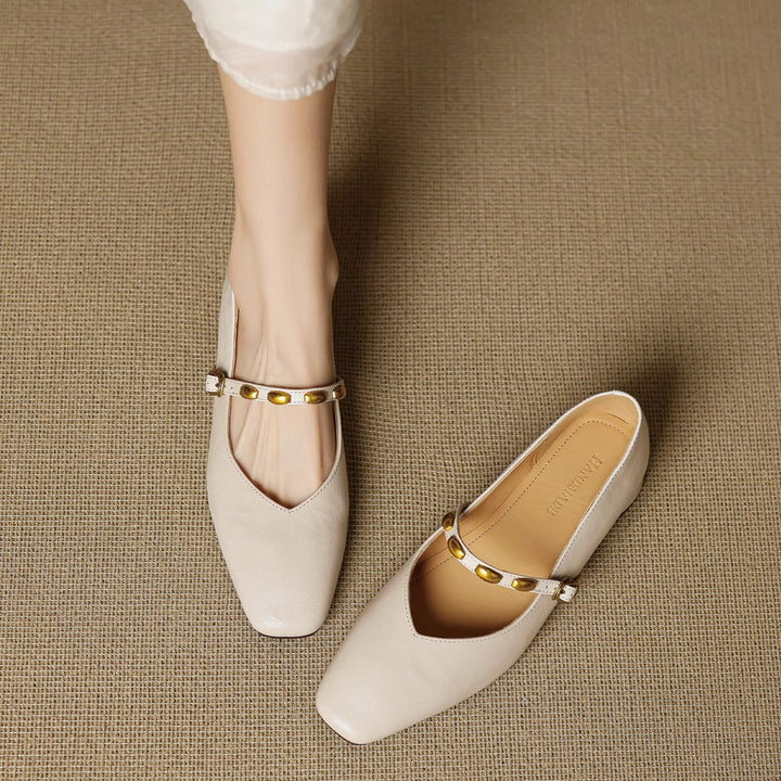 Greta | Gold-Stud Strap Square-Toe Mary Jane Flats