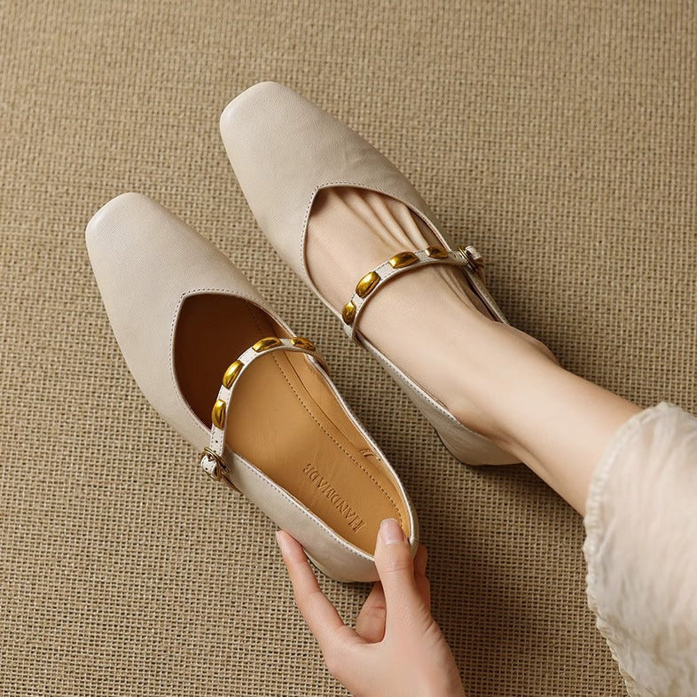 Greta | Gold-Stud Strap Square-Toe Mary Jane Flats
