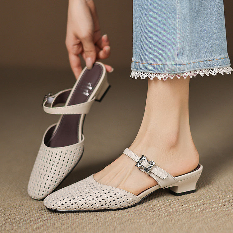 Fenella | Cut-Out Buckle-Strap Block-Heel Mules