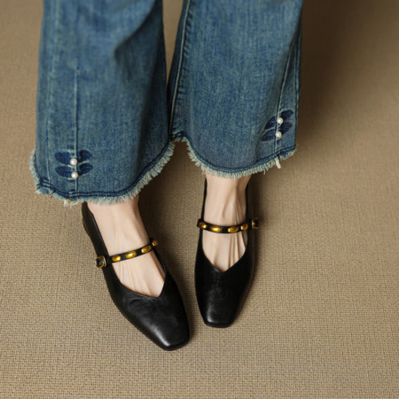 Greta | Gold-Stud Strap Square-Toe Mary Jane Flats