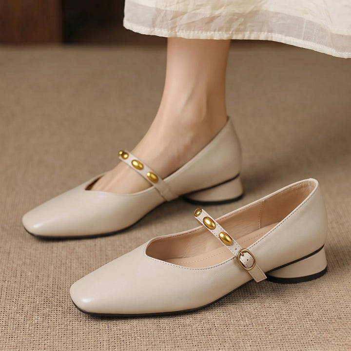 Greta | Gold-Stud Strap Square-Toe Mary Jane Flats