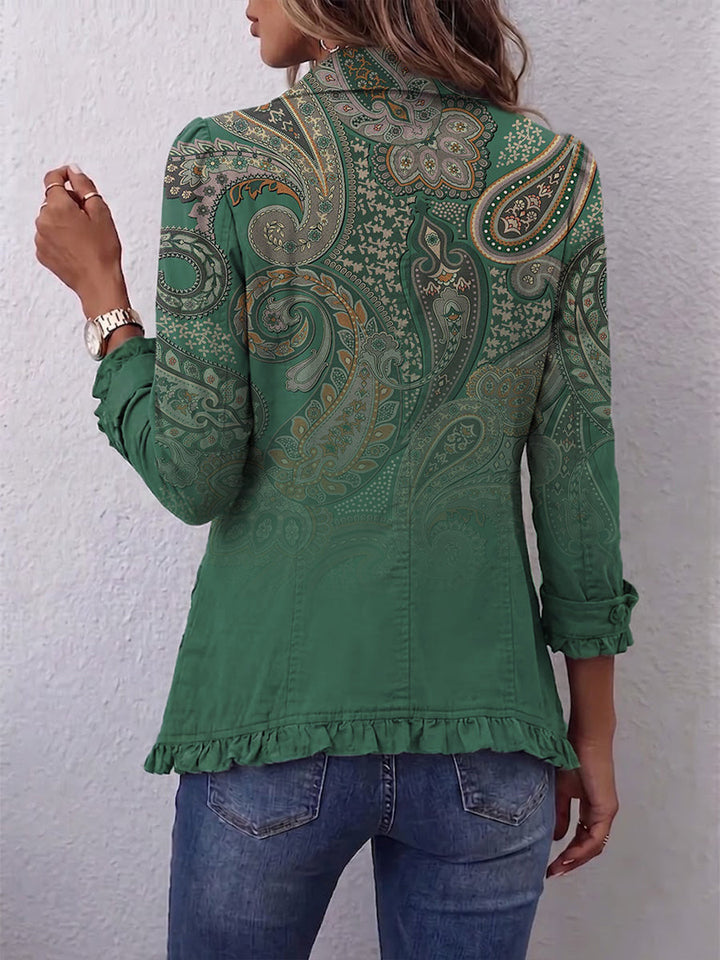 Olive | Faded Paisley Frill-Trim Jacket