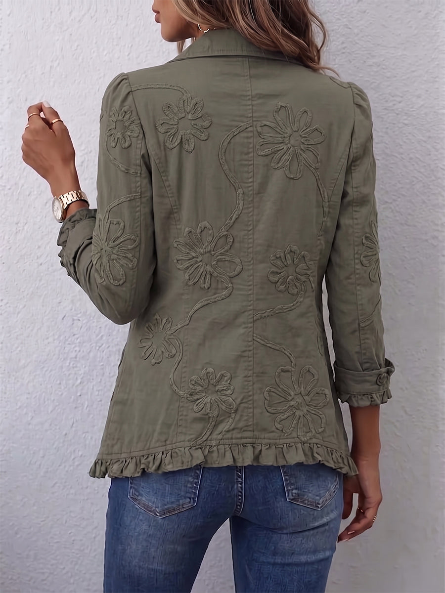 Lettie | Olive Floral Embroidered Ruffle-Edge Jacket