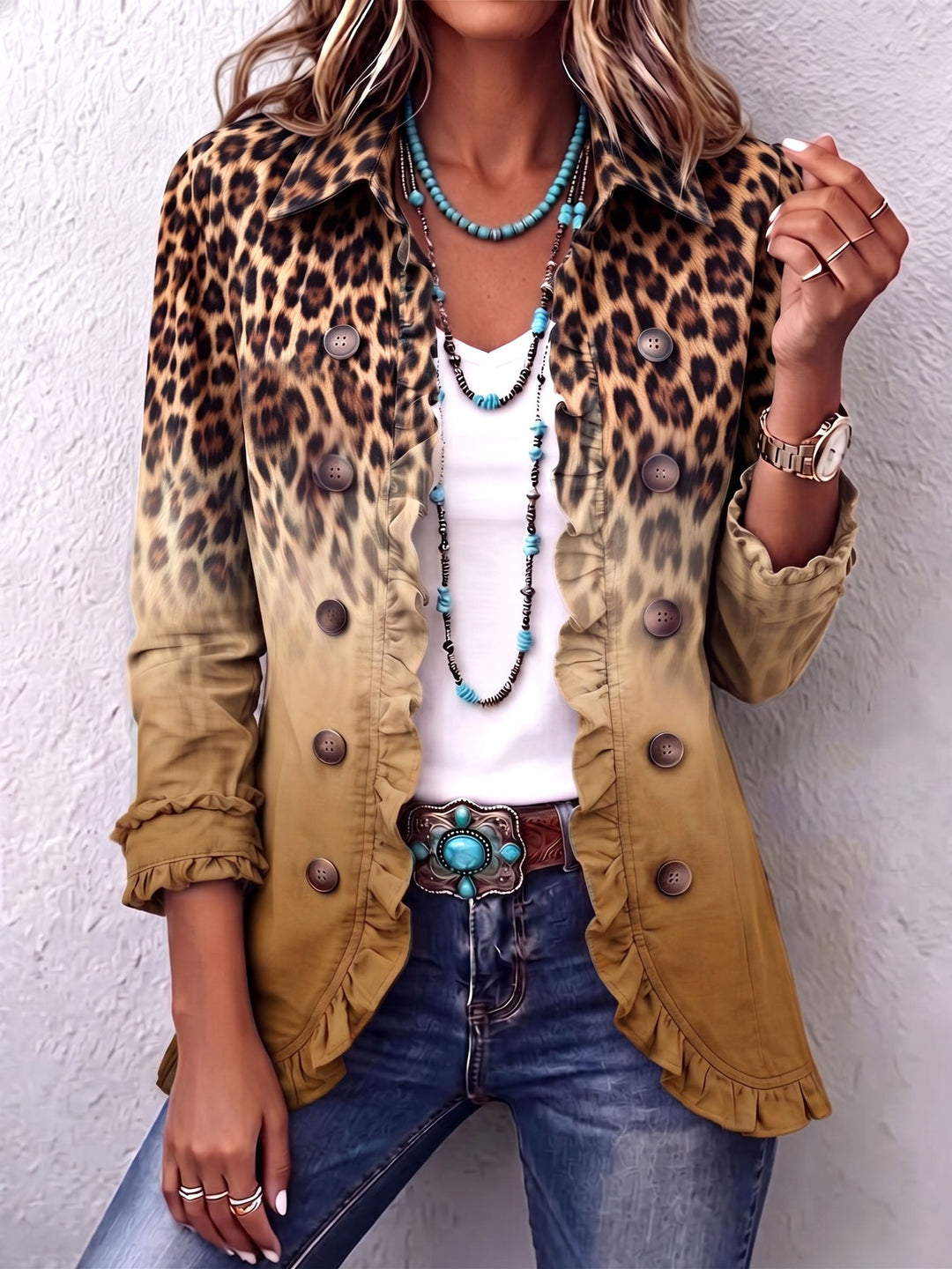 Kenya | Leopard-to-Turquoise Ombré Ruffle Blazer