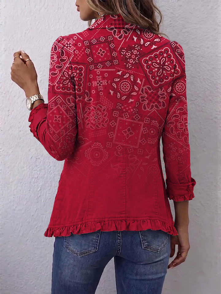 Rosamund | Crimson Paisley Ruffle-Edge Jacket