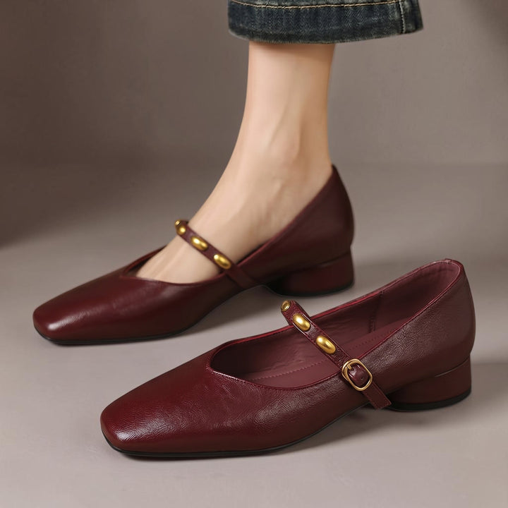 Greta | Gold-Stud Strap Square-Toe Mary Jane Flats
