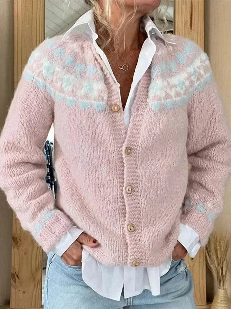 Zita | Fair Isle Knit Button-Front Long Sleeve Cardigan
